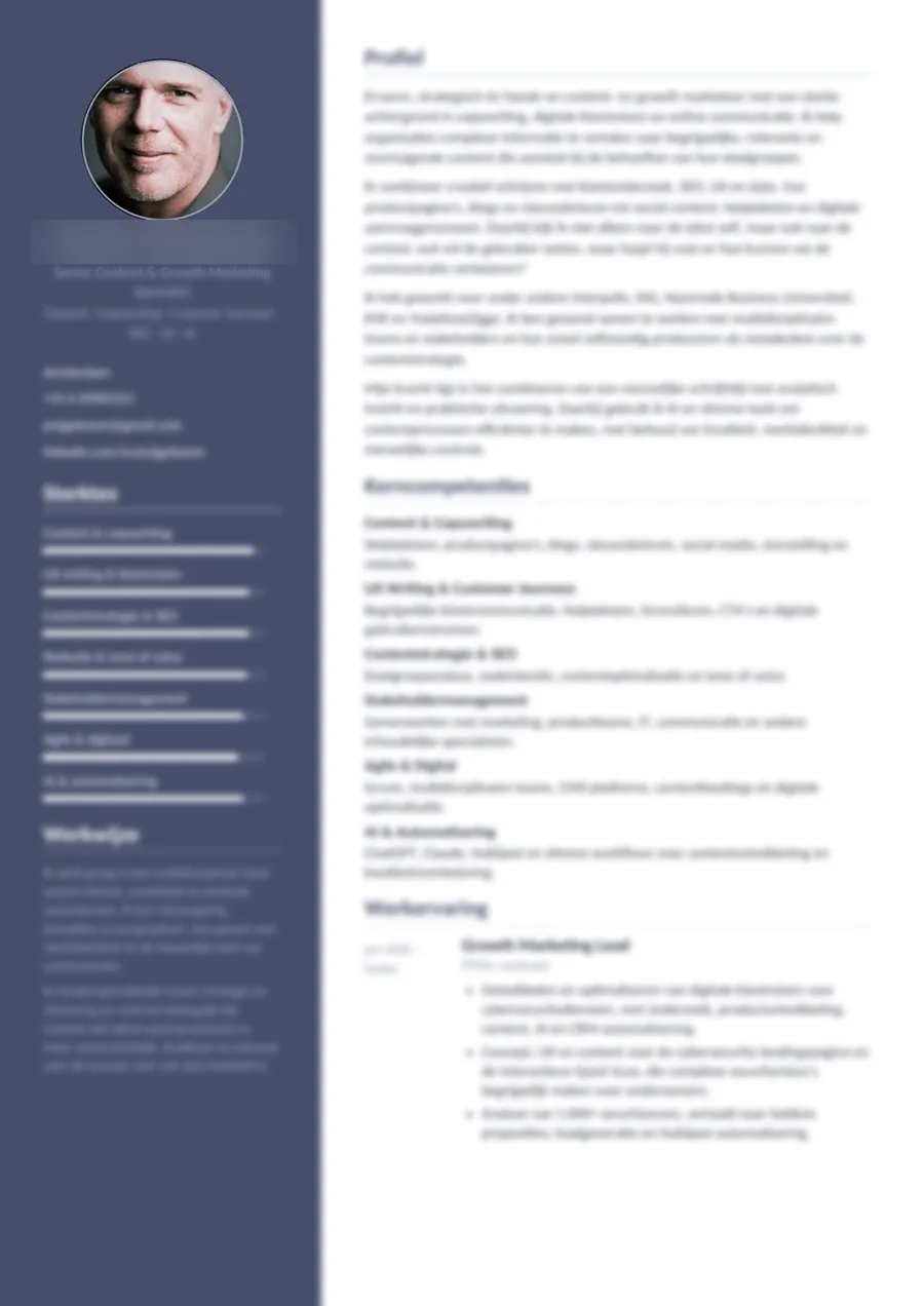 Voorbeeld van een cv uit de cv-maker, onscherp gemaakt